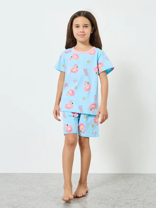 ستايلي Styli Girls Flamingo Print T-Shirt and Shorts Set