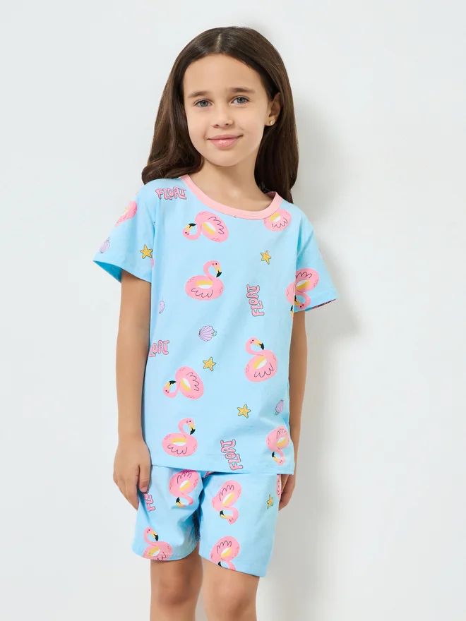 ستايلي Styli Girls Flamingo Print T-Shirt and Shorts Set