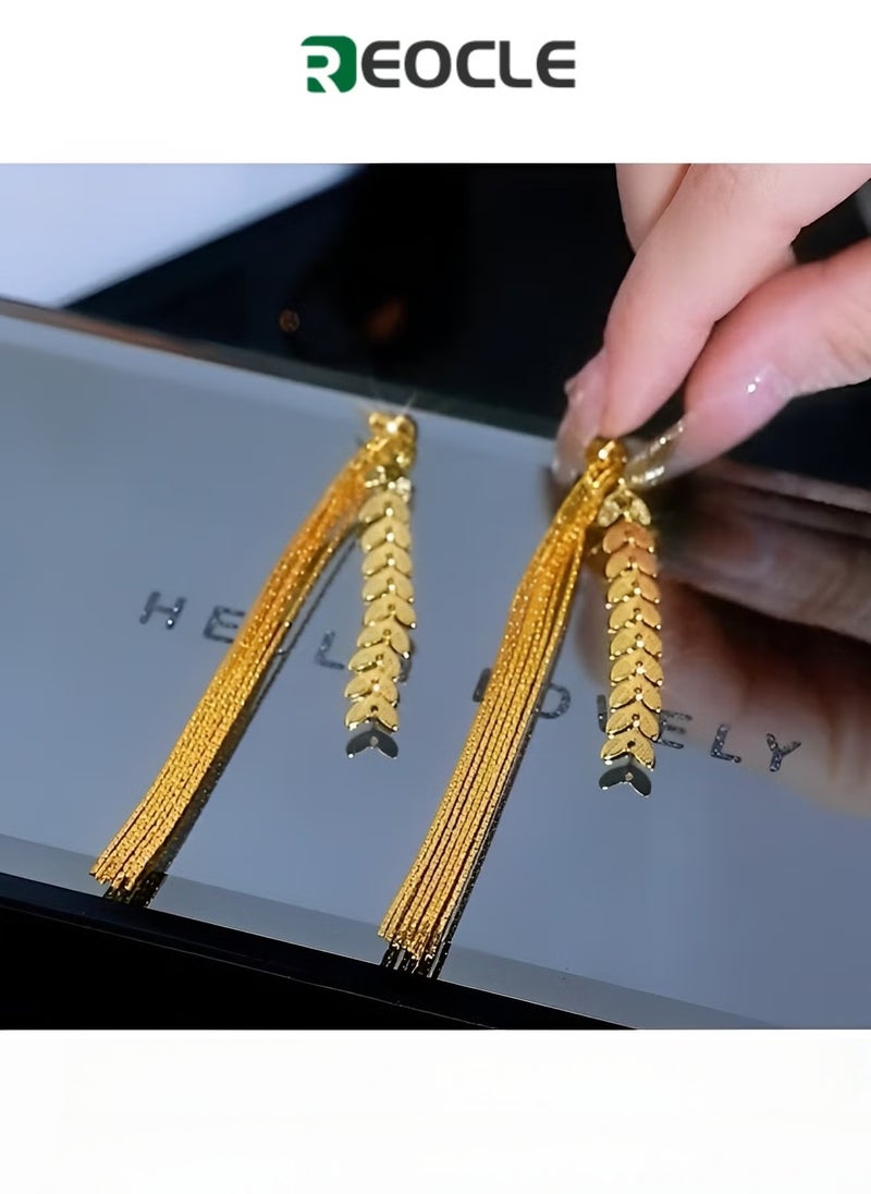 REOCLE Women's Long Earrings Gold Long Wheat Tassel Earrings Boho Dangle Earrings Wedding Bridesmaid Jewelry for Girls & Ladies  - Image 1