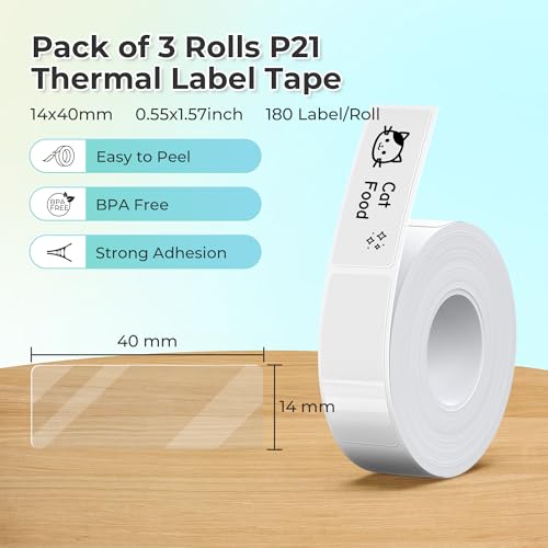 NELKO Genuine P21 Label Maker Tape, Adapted Label Print Paper, 14x40mm (0.55"x1.57"), Standard Laminated Office Labeling Tape Replacement, Multipurpose of P21, 180 Labels/Roll, 3-Roll, Transparent - Image 2