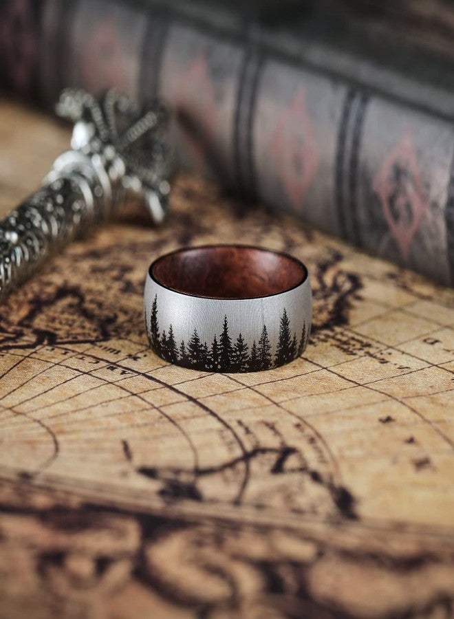 King Will Mens Forest Titanium Ring Laser Nature Forest Tree Mountain Landscap Pattern Inner Hole Wood Inlaid Wedding Band for Men Domed Matte Brushed Comfort Fit 9.5 - Image 2