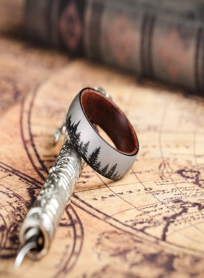 King Will Mens Forest Titanium Ring Laser Nature Forest Tree Mountain Landscap Pattern Inner Hole Wood Inlaid Wedding Band for Men Domed Matte Brushed Comfort Fit 9.5 - Image 3