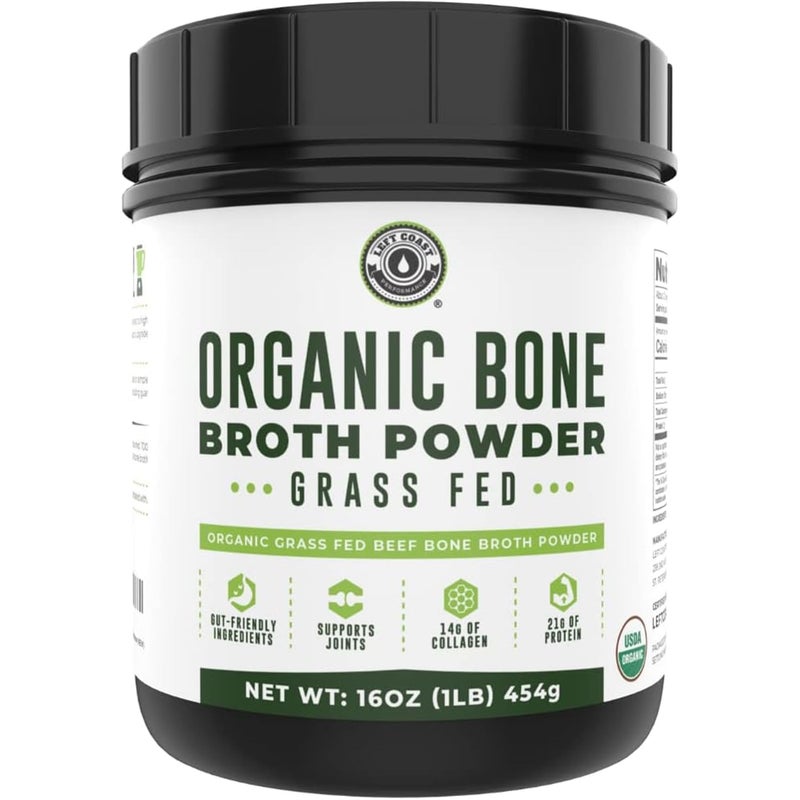 Left Coast Performance 16oz Organic Bone Broth Protein Powder from Grass Fed Beef USDA Certified Organic Single Ingredient Rich in Collagen Glucosamine No Additives Perfect for Carnivore Paleo and Keto Diets
