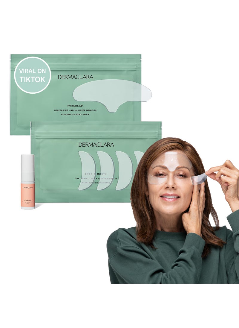 Dermaclara Dermaclara Face Patches Kit - Anti Wrinkle Patches for Forehead, Smile Lines, Silicone Anti-Wrinkle Frown Line Treatment, Up to 30 Uses - Kit: 1 Forehead, 2 Mouth, 2 Eye Patch & 1 Patch Prep Cleanser 