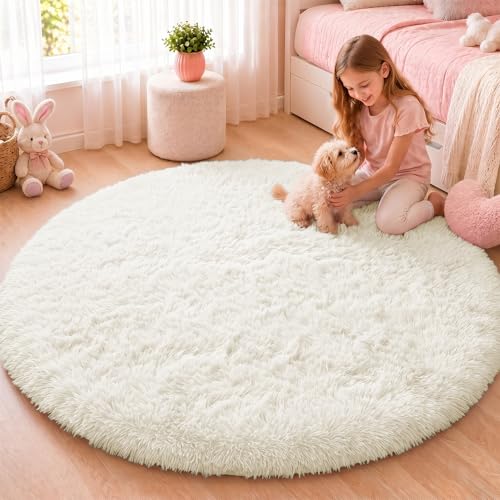 OLANLY Ivory Round Rugs for Bedroom Machine Washable 5 ft Circle Area Rugs for Living Room Soft and Fluffy Shaggy Carpet for Teen Girls and Boys Nursery Rooms Dorms Home Decor Aesthetic - Image 1