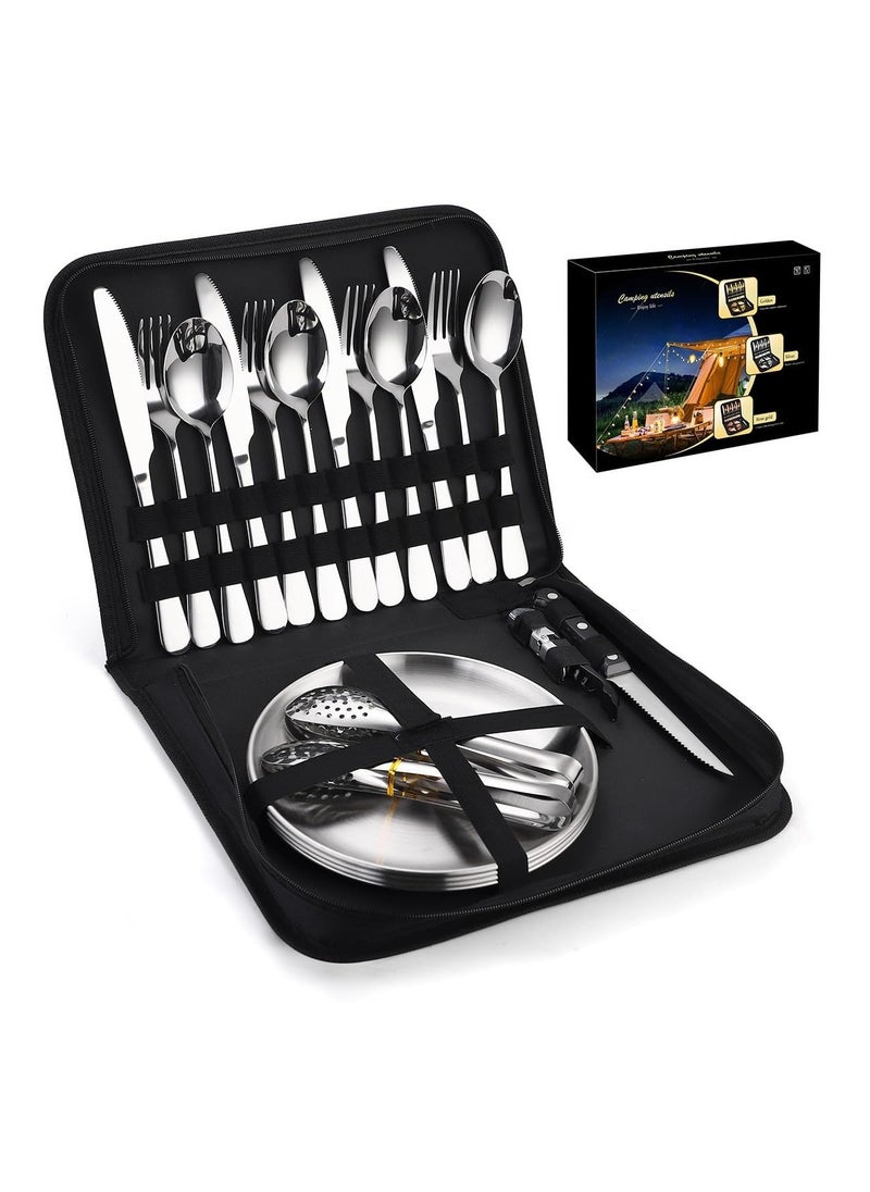 Anmi - Silverware Flatware Cutlery Set, 20-piece Outdoor Camping Stainless Steel Cutlery, Forks, Spoons, Plates, Food Clips, Portable Cutlery Bag Set (Color : Silver) - Image 1