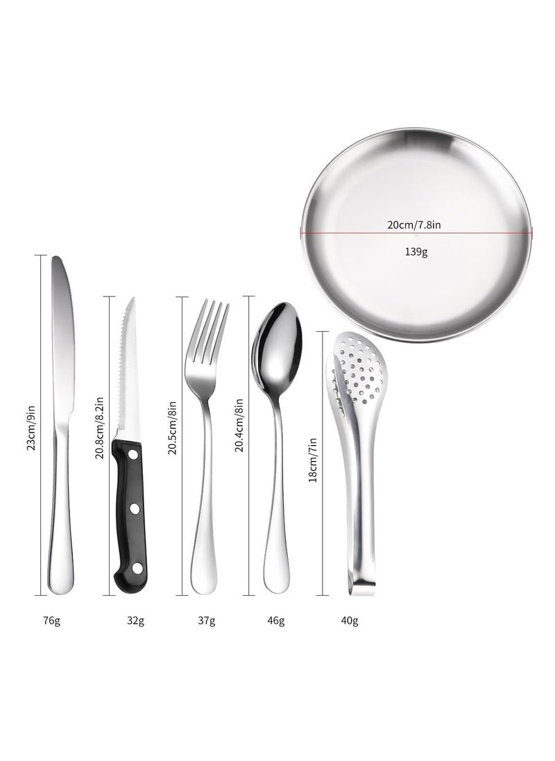 Anmi - Silverware Flatware Cutlery Set, 20-piece Outdoor Camping Stainless Steel Cutlery, Forks, Spoons, Plates, Food Clips, Portable Cutlery Bag Set (Color : Silver) - Image 1