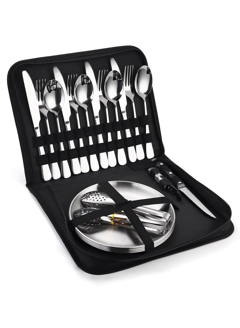 Anmi - Silverware Flatware Cutlery Set, 20-piece Outdoor Camping Stainless Steel Cutlery, Forks, Spoons, Plates, Food Clips, Portable Cutlery Bag Set (Color : Silver) - Image 1