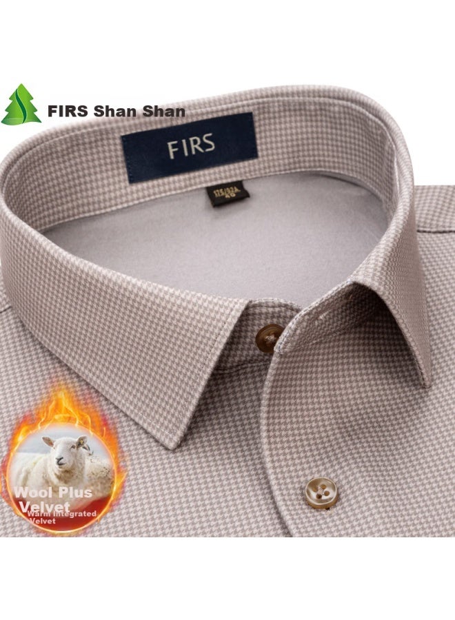 FIRS Firs Men's Wool Blend Thermal Shirt Casual Business Plus Velvet Thickened Shirt Brown Houndstooth 44  - Image 1