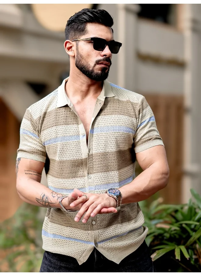 Maniac Maniac Mens Half Sleeve Beige and Khaki Tricot Flat Knit Cotton Shirt