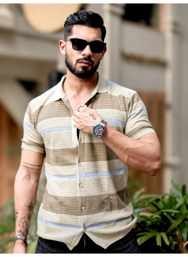 Maniac Maniac Mens Half Sleeve Beige and Khaki Tricot Flat Knit Cotton Shirt