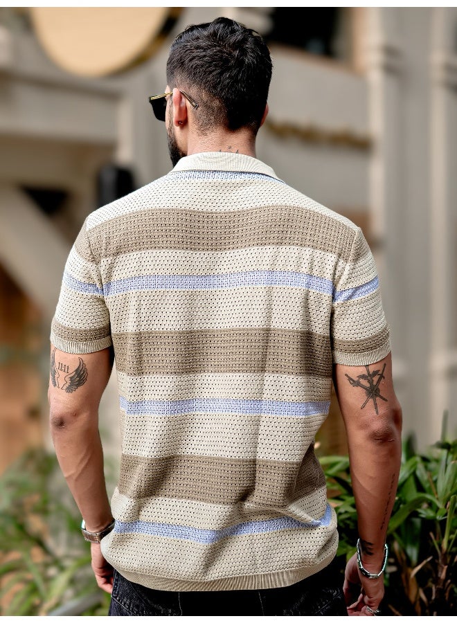 Maniac Maniac Mens Half Sleeve Beige and Khaki Tricot Flat Knit Cotton Shirt  - Image 3