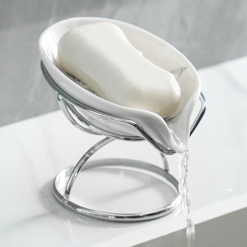 Dobbyby LeafShaped Soap Dish Premium Ceramic Soap Bar Holder with SelfDrainage System Bar Soap Holder for Shower Bathroom Sink Kitchen Waterfall Soap Dish with Stainless Steel Stand SLIVER