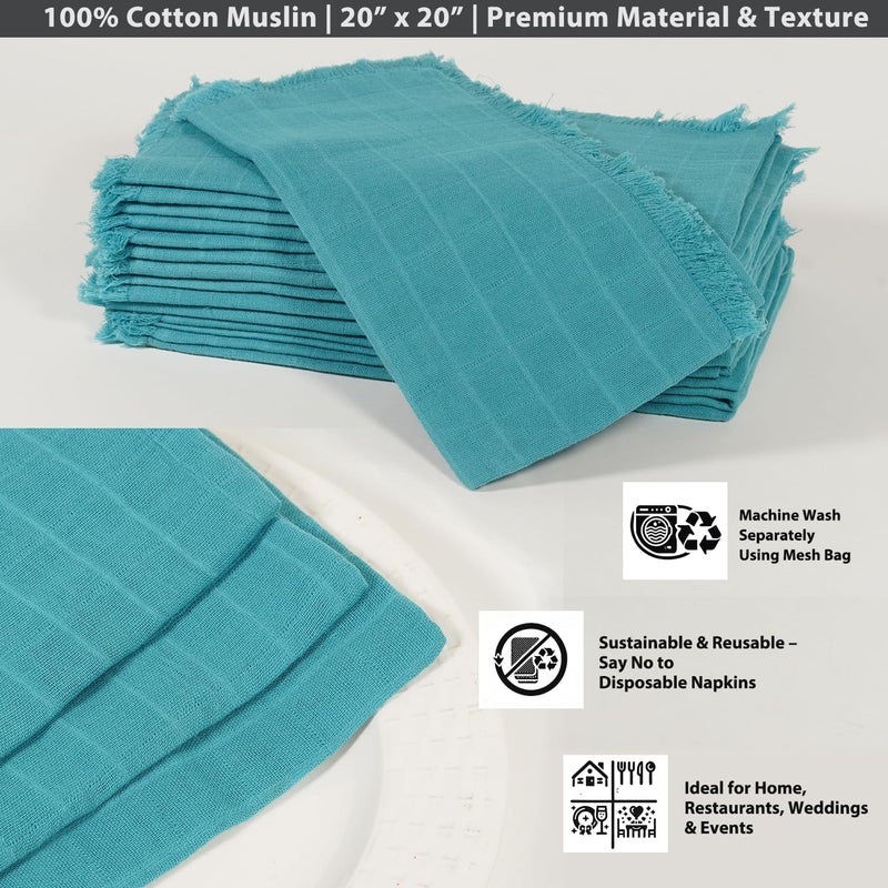 Vargottam Solid Cotton Muslin Napkins with Fringed Edges – 12 Pack | Reusable 20"x20" Dining Napkins with Subtle Check Texture | Soft Cloth Napkins Ideal for Picnics, Brunches,Summer Dining -Blue - Image 5