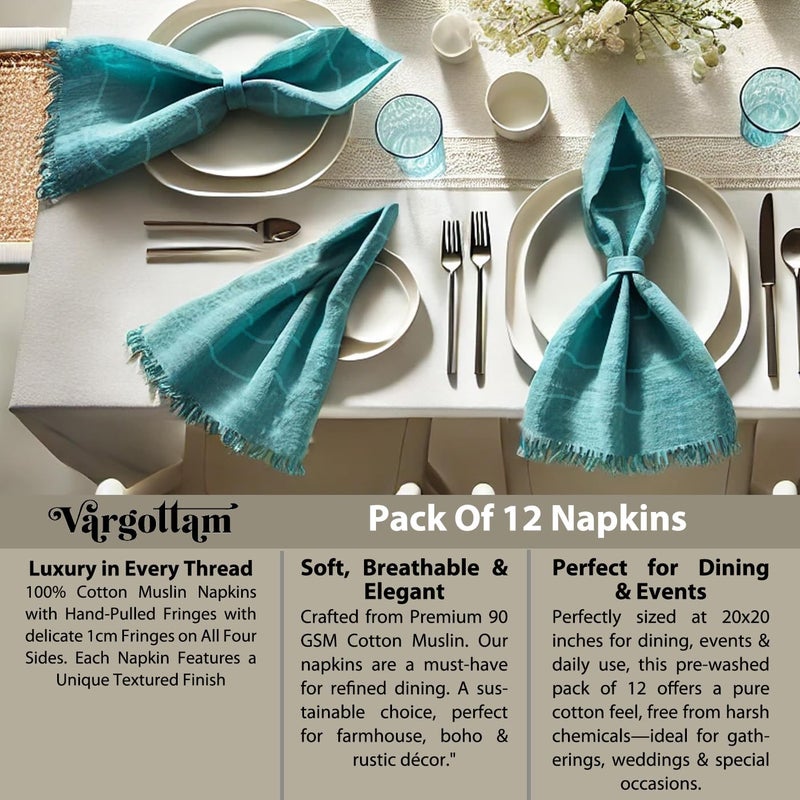 Vargottam Solid Cotton Muslin Napkins with Fringed Edges – 12 Pack | Reusable 20"x20" Dining Napkins with Subtle Check Texture | Soft Cloth Napkins Ideal for Picnics, Brunches,Summer Dining -Blue - Image 4