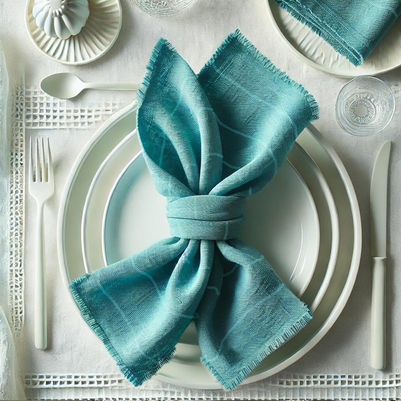 Vargottam Solid Cotton Muslin Napkins with Fringed Edges – 12 Pack | Reusable 20"x20" Dining Napkins with Subtle Check Texture | Soft Cloth Napkins Ideal for Picnics, Brunches,Summer Dining -Blue - Image 1