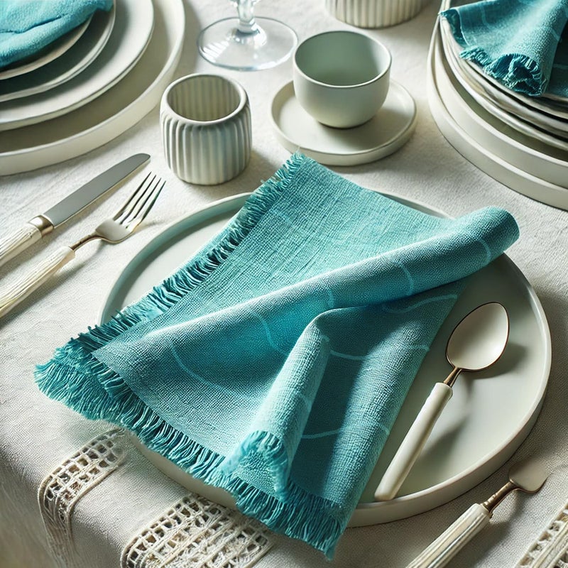 Vargottam Solid Cotton Muslin Napkins with Fringed Edges – 12 Pack | Reusable 20"x20" Dining Napkins with Subtle Check Texture | Soft Cloth Napkins Ideal for Picnics, Brunches,Summer Dining -Blue - Image 3