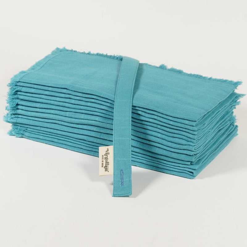 Vargottam Solid Cotton Muslin Napkins with Fringed Edges – 12 Pack | Reusable 20"x20" Dining Napkins with Subtle Check Texture | Soft Cloth Napkins Ideal for Picnics, Brunches,Summer Dining -Blue - Image 2