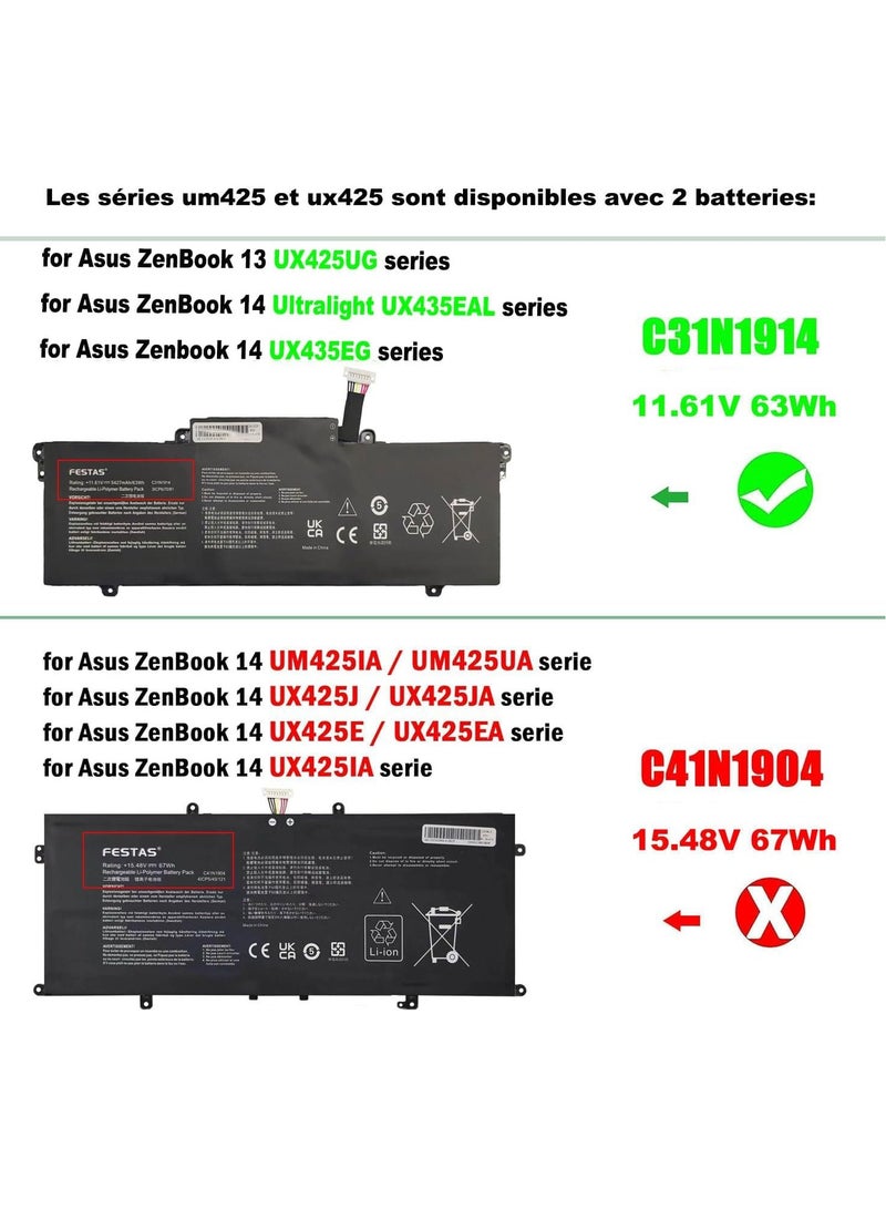 11.61V 63Wh C31N1914 Battery Compatible with ASUS ZenBook 13 UX425UG and ZenBook 14 UX435EA UX435EG UX435EAL UX435EGL UM425QA UM425UAZ UX435EA-A5007T UX433 5EG-A 5EG-A5008R UM425QA-KI072T - Image 1
