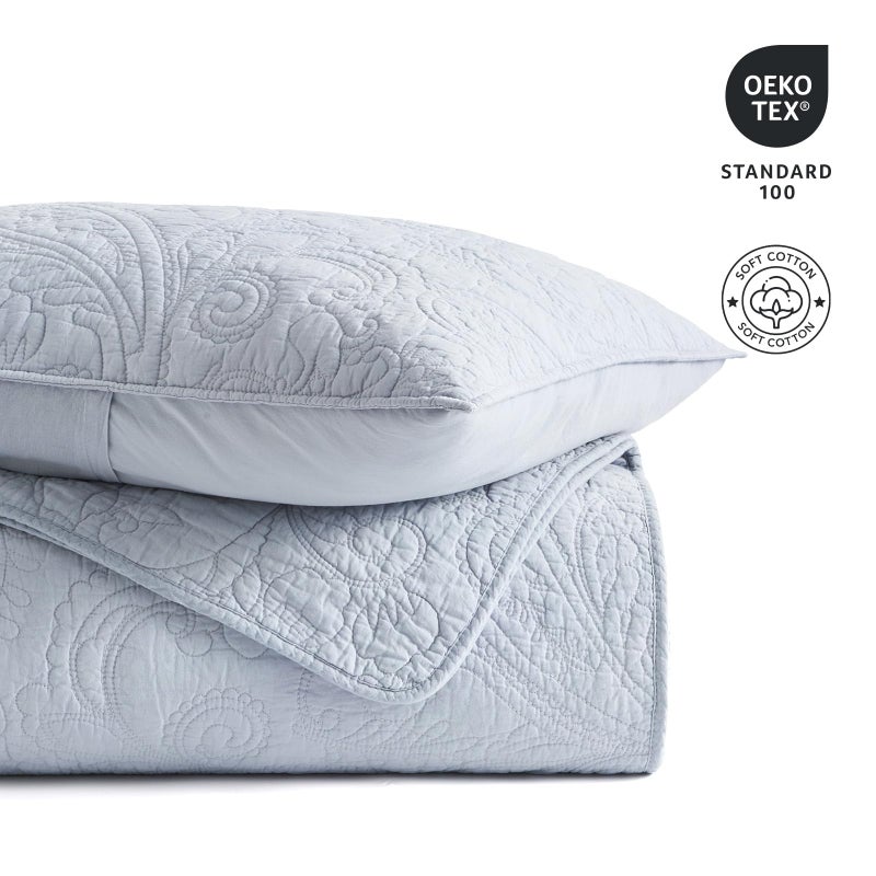 EVERGRACEHOME EVERGRACE 100% Cotton Paisley Quilt Set, King Size 3 Piece Set â€“ Prewashed Lightweight Bedspread with 2 Shams, Soft & Breathable Matelasse Coverlet for All-Season Comfort, Pearl Blue - Image 4