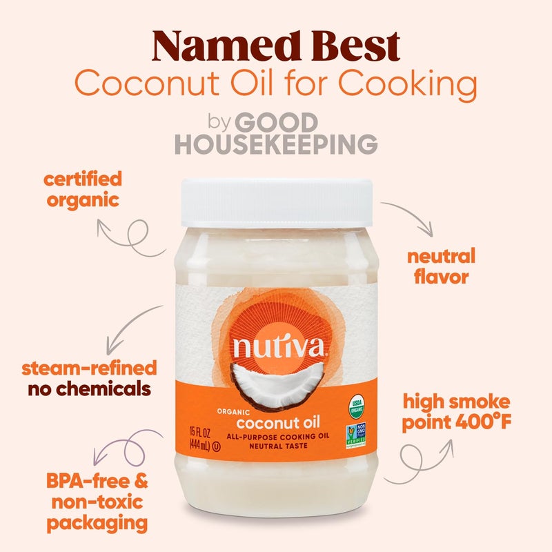 Nutiva زيت جوز الهند العضوي من نوتيفا، 15 أونصة سائلة، عضوي من وزارة الزراعة الأمريكية، غير معدّل وراثيًا، نباتي، كيتو، باليو، نكهة ورائحة محايدة للطهي ومرطب طبيعي للبشرة والشعر - Image 3