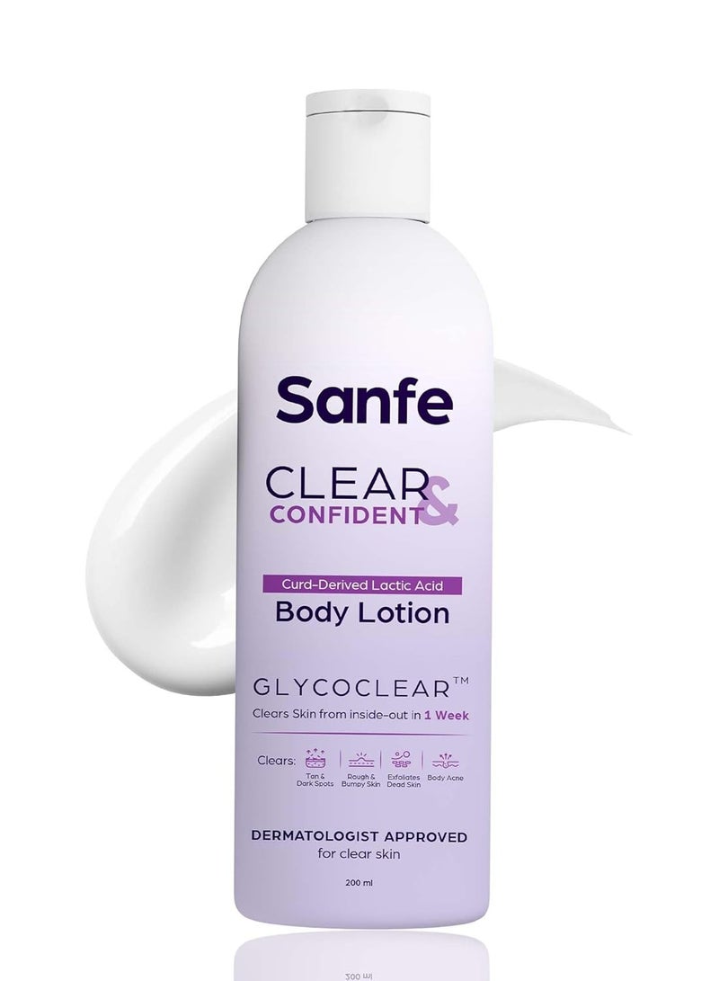 Sanfe Clear Confident Glycolic Acid Body Lotion AHA Exfoliation Rough Bumpy Skin Tan Acne Strawberry Skin Niacinamide Lactic Salicylic Acid Smooth 200ml - Image 1