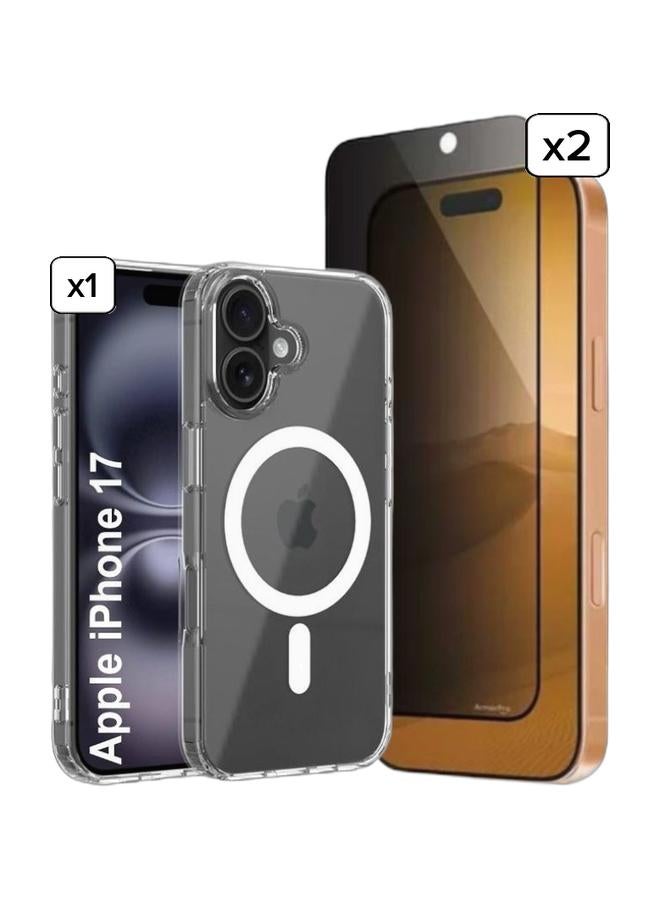 غطاء شفاف لهاتف iPhone 17، غطاء مغناطيسي شفاف للغاية مقاوم للصدمات مع واقي شاشة للخصوصية لهاتف iPhone 17 - زجاج مقوى 9H، مضاد للسقوط، مضاد لبصمات الأصابع، شفاف 2.5D HDBundle - Image 1