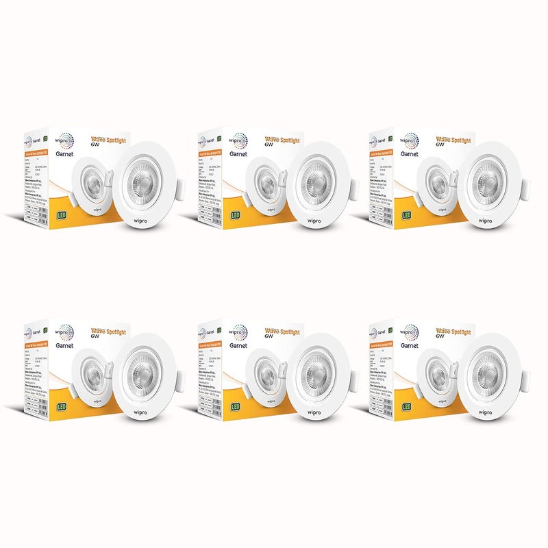 Wipro Garnet 6W Round Led Wave SpotlightCob Spotlight for CeilingWarm White Light 2700KAdjustable DesignRecessed Tiltable Downlighter for False CeilingCutout 75 MmPack of 6 - Image 1