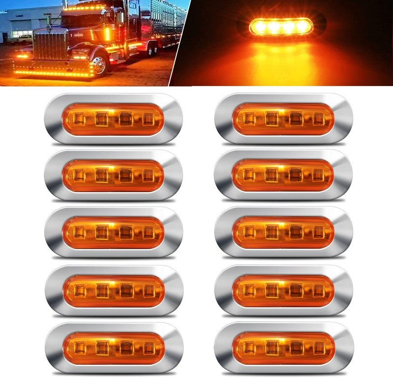 10 قطع لمبات إشارة جانبية كهرمانية اللون تعمل بجهد DC12V-24V، تحتوي على 4 لمبات LED، مصابيح أمامية وخلفية وضوء خلفي وضوء خلوص ومصابيح داخلية مع إطار كروم، متعددة الاستخدامات للسيارات والحافلات والشاحنات والقطارات والقوارب والسطح الخارجي. - Image 1