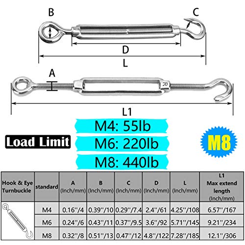 Reedny Turnbuckles Hook, Reedny 304 Stainless Steel Turnbuckle Heavy Duty M4 M6 M8 Hook and Eye Turnbuckle for Cables Wire Rope Tension 5/32" 1/4" 5/16" for Sun Shade Fence Tent Rope Installation(M8, 2Pcs) - Image 2