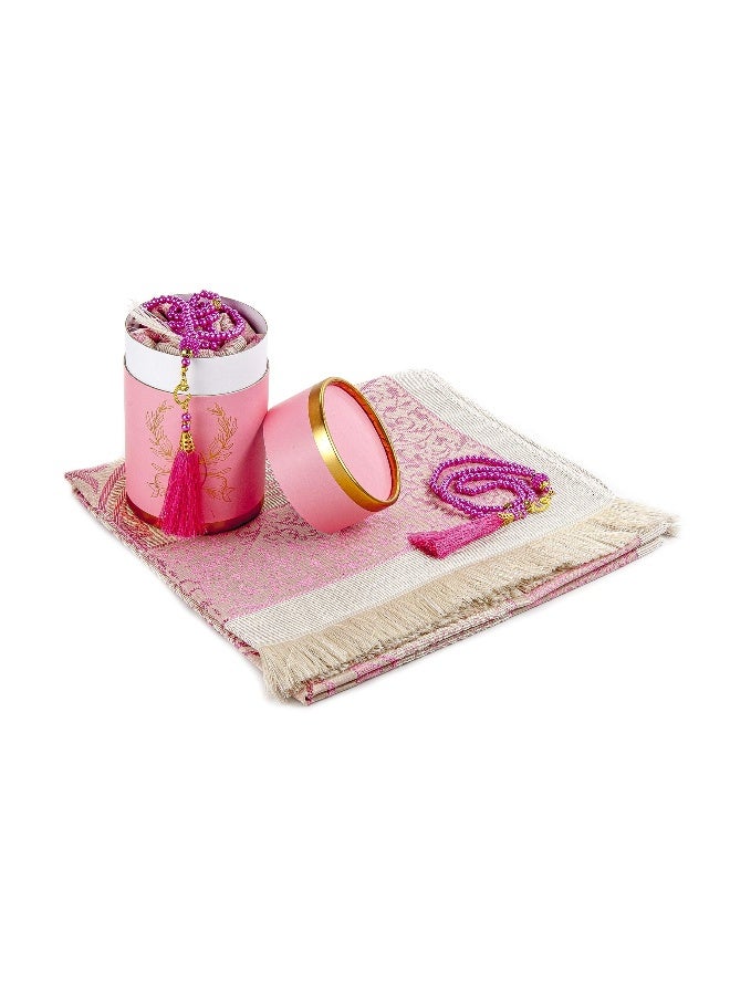 İhvan Online Muslim Prayer Rug and Prayer Beads with Elegant Cylinder Gift Box | Janamaz | Sajadah | Soft Islamic Prayer Rug | Islamic Gifts Set | Prayer Carpet Mat, Taffeta Fabric, Pink - Image 2