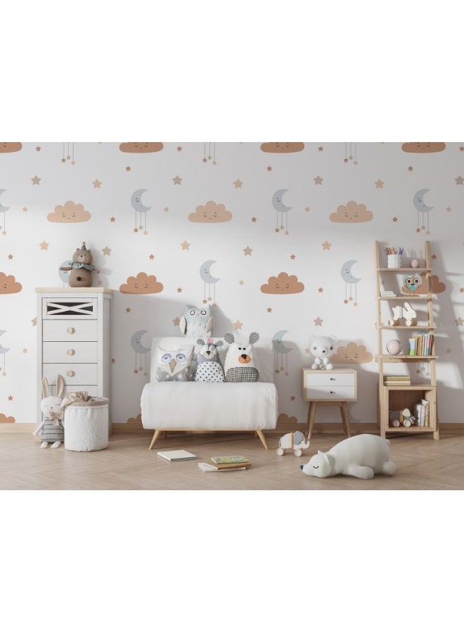 Home Gallery Sleepy Moon And Clouds Kids  Fabric Wallpaper Covers An Area ​​Up To 4.2Mx3M With Adhesive  And Smoothing Tool - Image 1