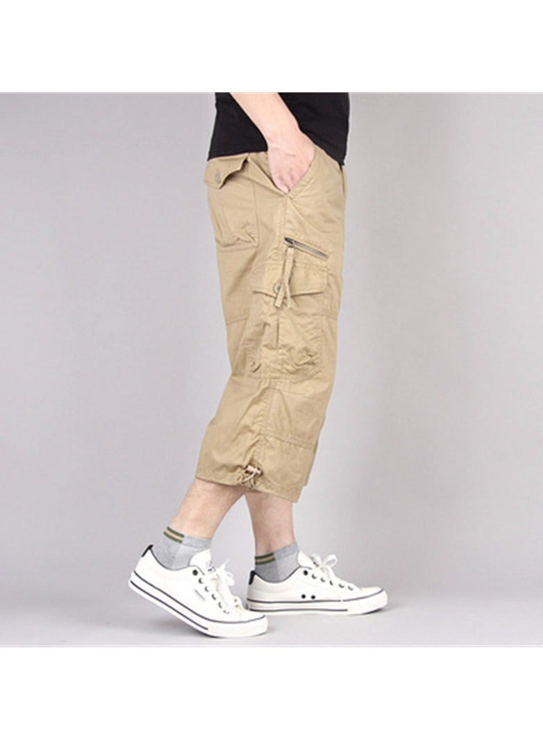 Loquat Men's Loose Multi Pocket Work Suit Capris Khaki - Image 2
