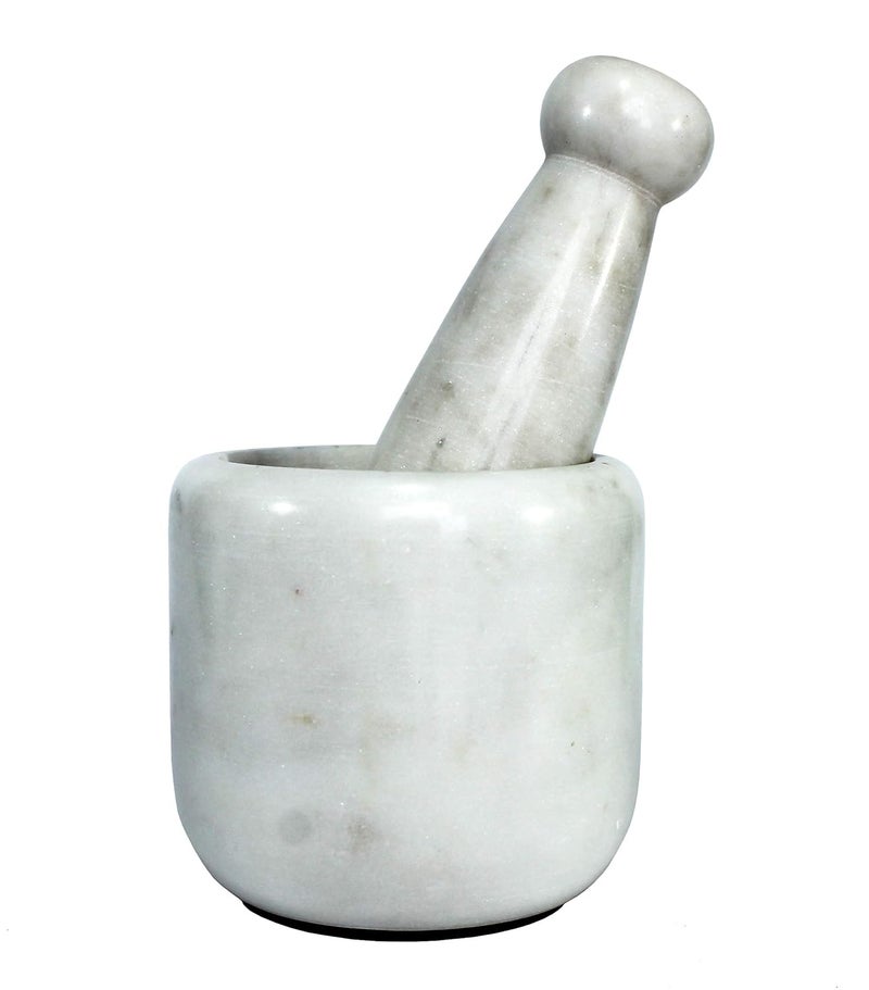KLEO 35 Wide White Marble Stone Mortar and Pestle Set as Spice Medicine Grinder Masher Okhli And Musal - Image 1
