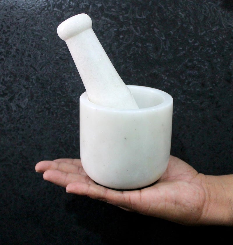 KLEO 35 Wide White Marble Stone Mortar and Pestle Set as Spice Medicine Grinder Masher Okhli And Musal - Image 5