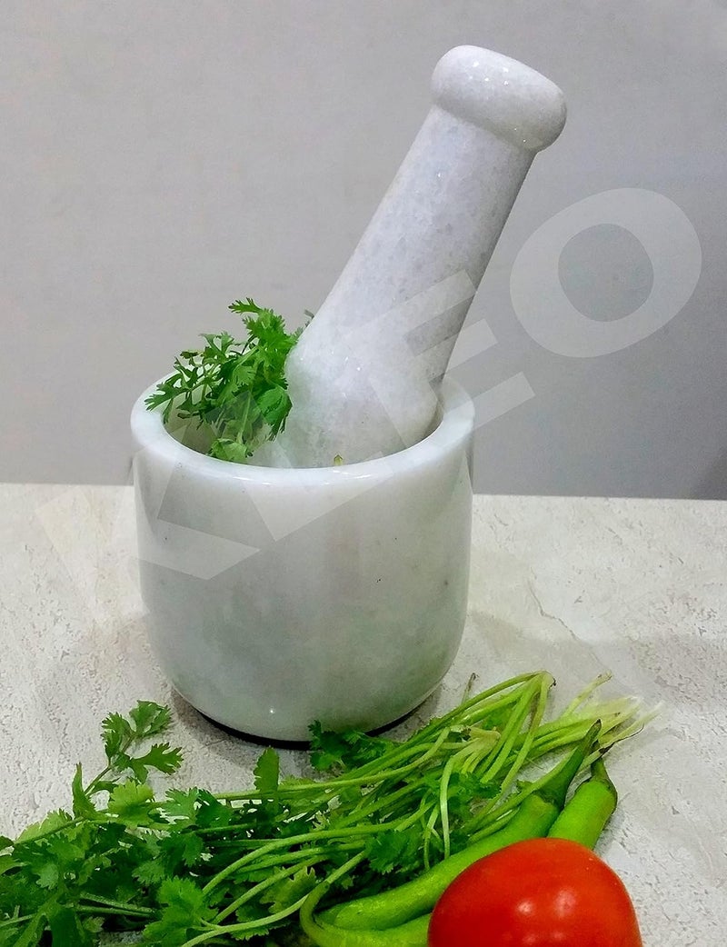KLEO 35 Wide White Marble Stone Mortar and Pestle Set as Spice Medicine Grinder Masher Okhli And Musal - Image 2