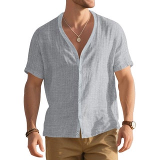 -Style Cross-Border Men''s Summer Faux Linen Bamboo Short-Sleeve Henley Shirt, Loose Casual Trendy Button Cardigan T-Shirt for Men