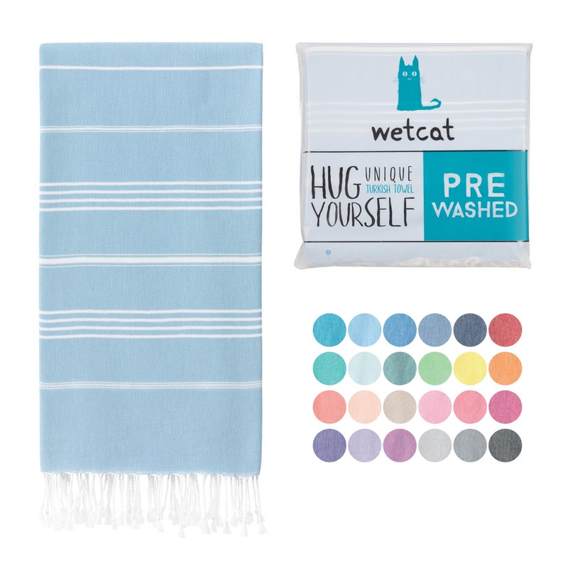 WETCAT Turkish Beach Towel Oversized 38x71 100 Turkish Cotton Made in Turkey  Sand Free Extra Large Ultra Soft Quick Drying Compact  Lightweight for Travel  Light Blue
