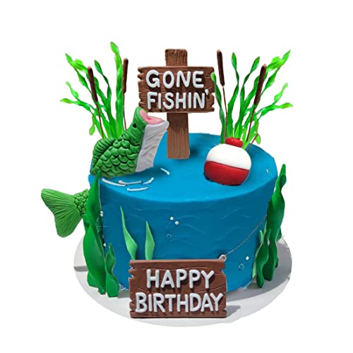 DiDida Fishing Cake Topper Gone fishing Cake with Bass Reed Happy Birthday Sign - Image 1