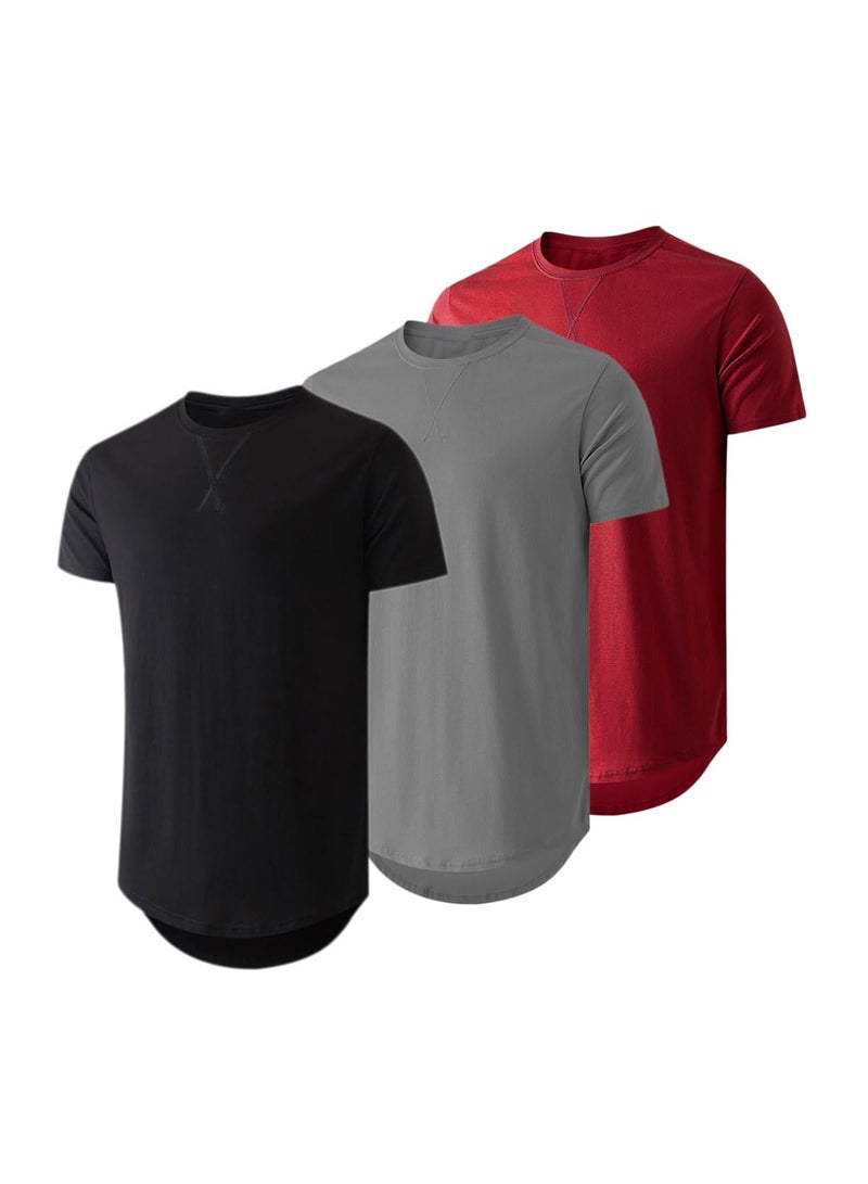 JMIERR Men's 3 Pack Cotton Hipster Hip Hop Longline Crewneck T-Shirt, Short Sleeve Gym Workout Athletic T Shirts for Men Pack,L, Black/Dark Grey/Red - Image 1