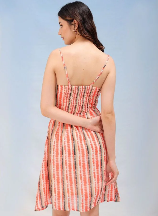 Freehand  Women Fit and Flared Abstract Printed V-Neck Sleeveless Ruffle Dress for Women | Best Price UAE