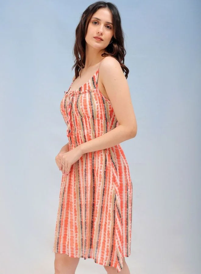 Freehand  Women Fit and Flared Abstract Printed V-Neck Sleeveless Ruffle Dress for Women | Best Price UAE