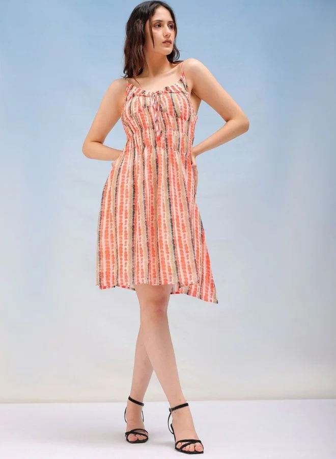 Freehand  Women Fit and Flared Abstract Printed V-Neck Sleeveless Ruffle Dress for Women | Best Price UAE