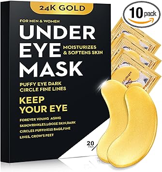 Bukamkom 20 قطعة 10 أزواج من قناع العين 24K ذهب كولاجين تحت العين لدوائر الظلام والانتفاخات إنعاش وتجديد السفر تجاعيد قناع العين للنساء والرجال - Image 1