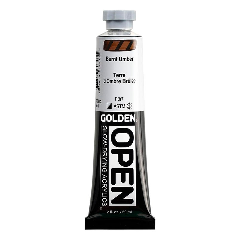 GOLDEN OPEN Slow-Drying Acrylics, Burnt Umber, 2 fl oz. tube, Professional Acrylic Paint, Semi-Opaque - Image 1