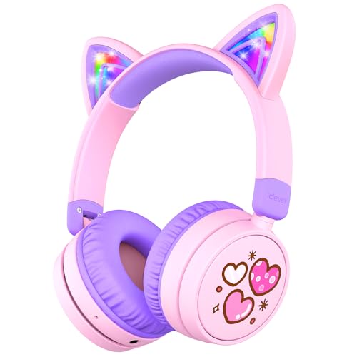 iClever Kids Bluetooth Headphones, Light Up Cat Ear,60H Playtime, USB C Fast Charging, Safe Volume 74/85dBA, Bluetooth 5.3,Toddler Headphones Wireless for iPad Tablets Travel,Meow Cookies-Peach Pink - Image 1