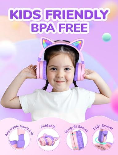 iClever Kids Bluetooth Headphones, Light Up Cat Ear,60H Playtime, USB C Fast Charging, Safe Volume 74/85dBA, Bluetooth 5.3,Toddler Headphones Wireless for iPad Tablets Travel,Meow Cookies-Peach Pink - Image 5
