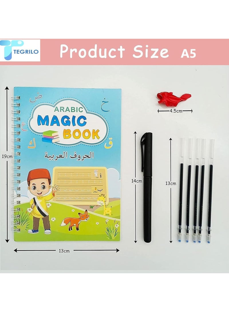 TEGRILO Arabic Handwriting Copybook, Magic Calligraphy Practice Book For Kids, Reusable Tracing Practice kit. Included Easy Grip Pen & Refill 4 books Math Numbers Arabic Alphabet Drawing (A5)  - Image 2
