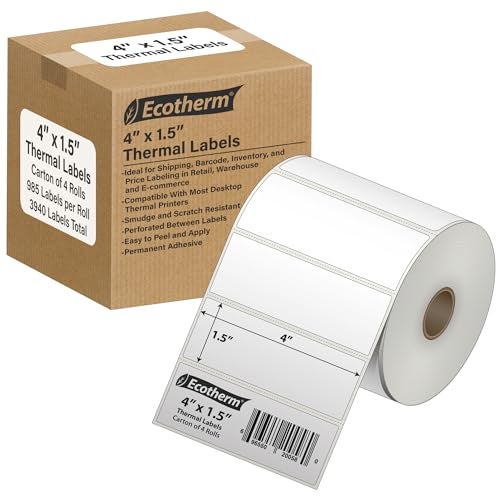 Ecotherm 4" x 1.5" Thermal Labels | 4 Rolls | 3940 Labels | fits Zebra, Munbyn, Rollo, Godex, Arkscan, iDPRT, Offnova Thermal Label Printers and More | Blank White Adhesive Stickers by Ecotherm - Image 1