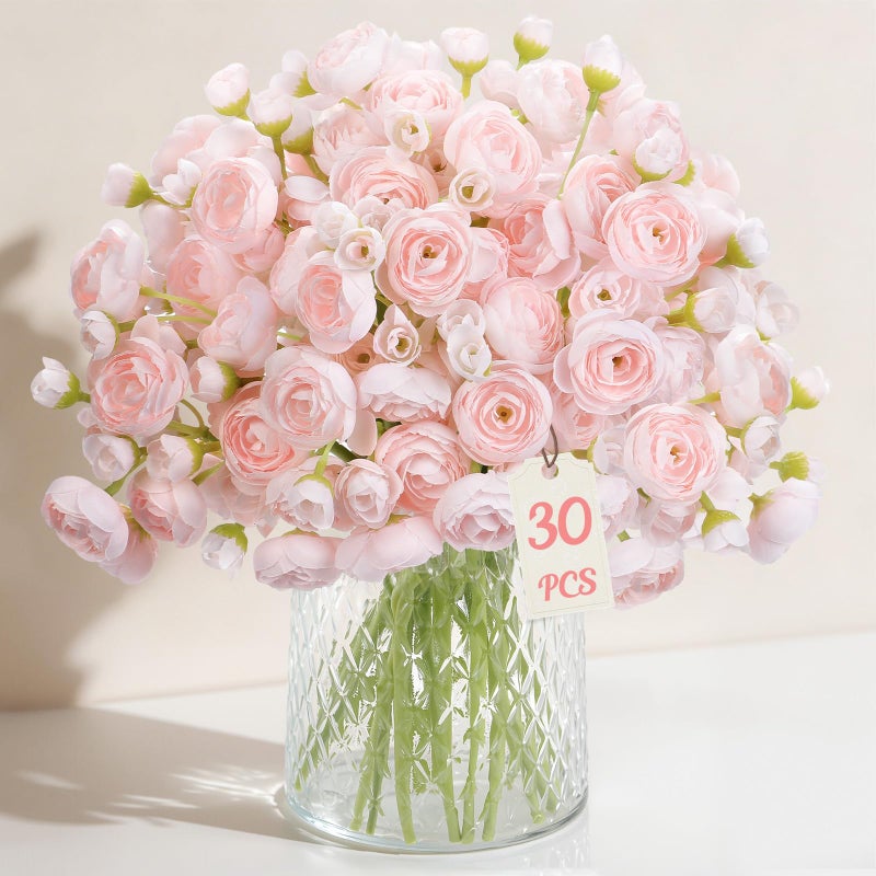 Alupssuc 30Pcs Ranunculus Artificial Flowers Faux Silk Mini Ranunculus Spring Flowers Artificial Indoor for DIY Bouquets Bulk Fake Wedding Filler Flowers for Bride Shower Decorations Shabby Blush - Image 2